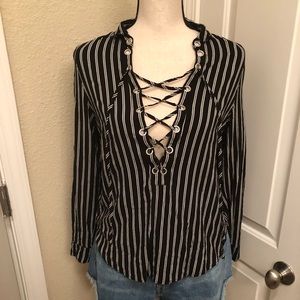 Striped Long Sleeved Blouse- Black